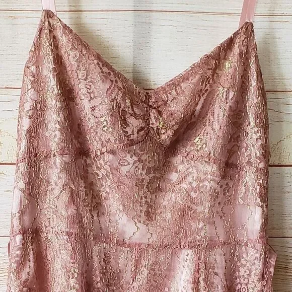 Ann Taylor Lace Metallic Ribbon Strap Dress Eyelash Lace Hem Size 6 Blush Pink - Picture 7 of 13